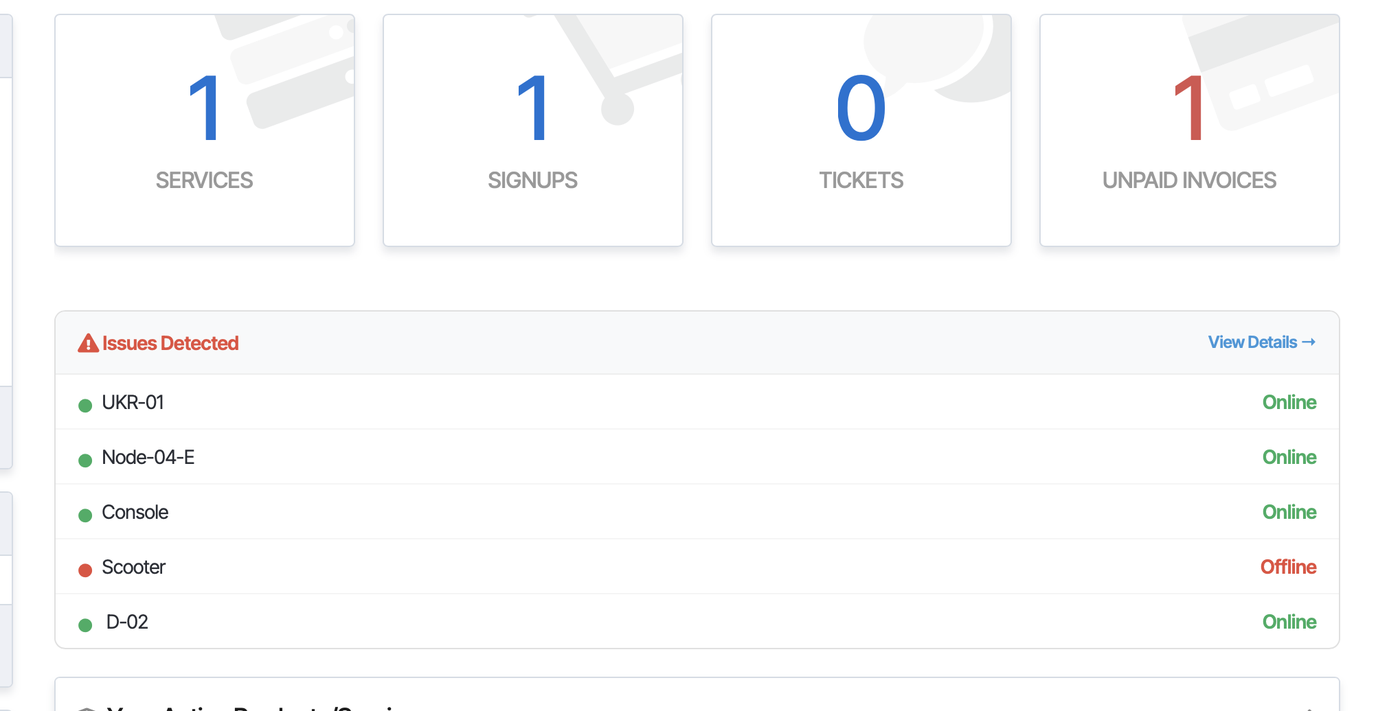 Client dashboard: Issues Detected card lists each monitor with Online / Offline status
