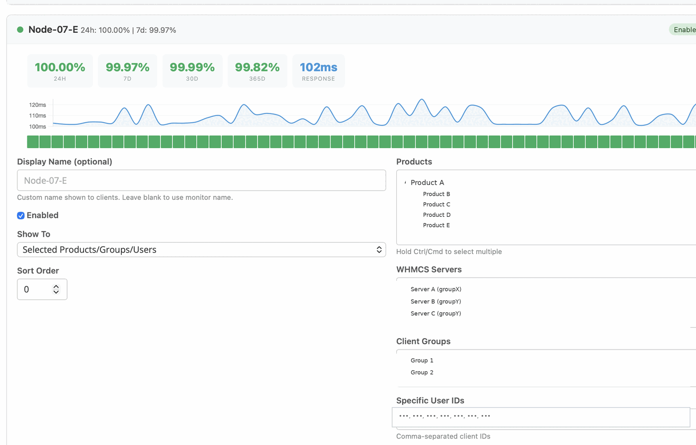 Duck Monitor walkthrough: admin assigns monitors to products, client sees per-server status